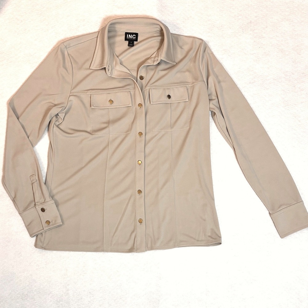 INC International Concepts Tan‎ Beige Snap Front Utility Shirt Womens Small SP25